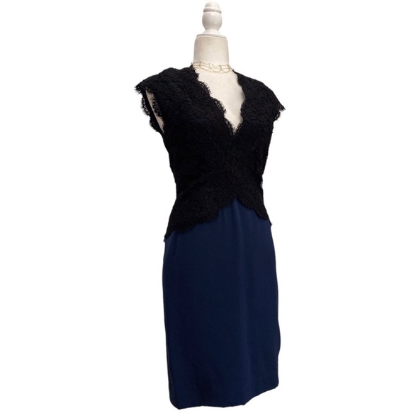 Reem Acra Navy Silk-faille & Black Lace Dress - Picture 10 of 16